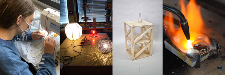 Atelier diverse Werkarbeiten mit Holz und Eisen. Arbeit an der Nähmaschine